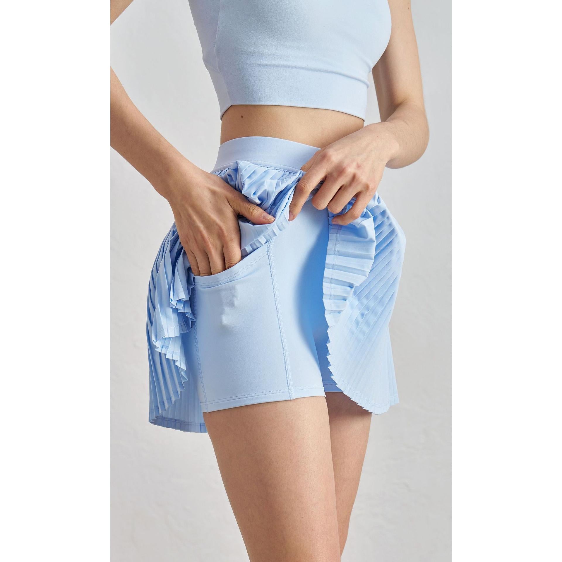 Summer elastic high waist slim yoga skirt lined with anti-light belt pocket tennis skirt casual outer pleated skirt