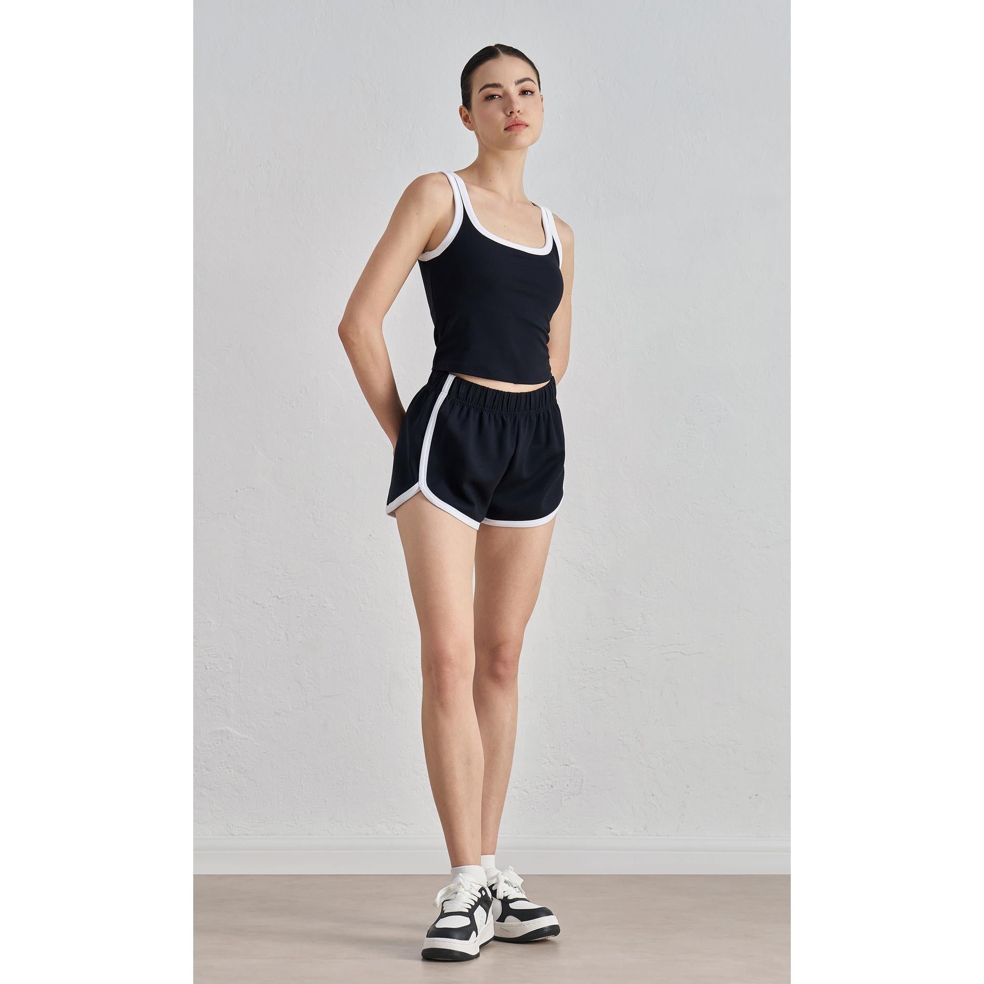 Spring and summer thin high-waisted retro color matching sports shorts women's elastic waist hem split-ended yoga three-point pants