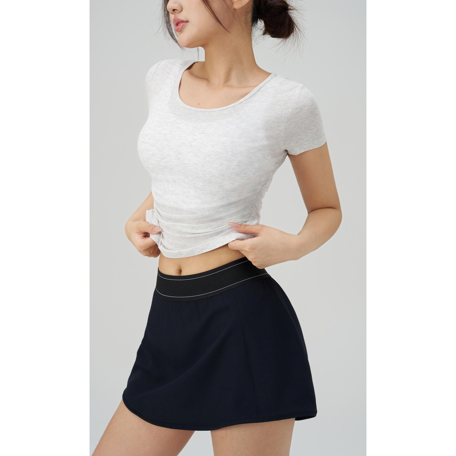 Ribbed Slim Fit Yoga Clothes Women Sports T-Shirt Short Sleeved Front Design Workout Top for Running Fitness Summer