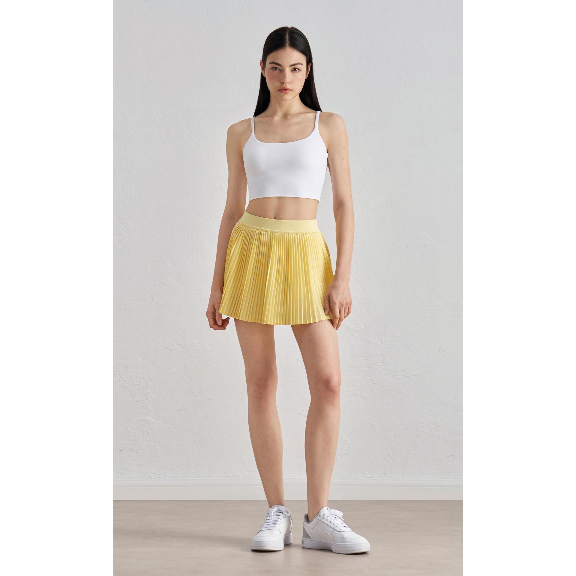 Summer elastic high waist slim yoga skirt lined with anti-light belt pocket tennis skirt casual outer pleated skirt