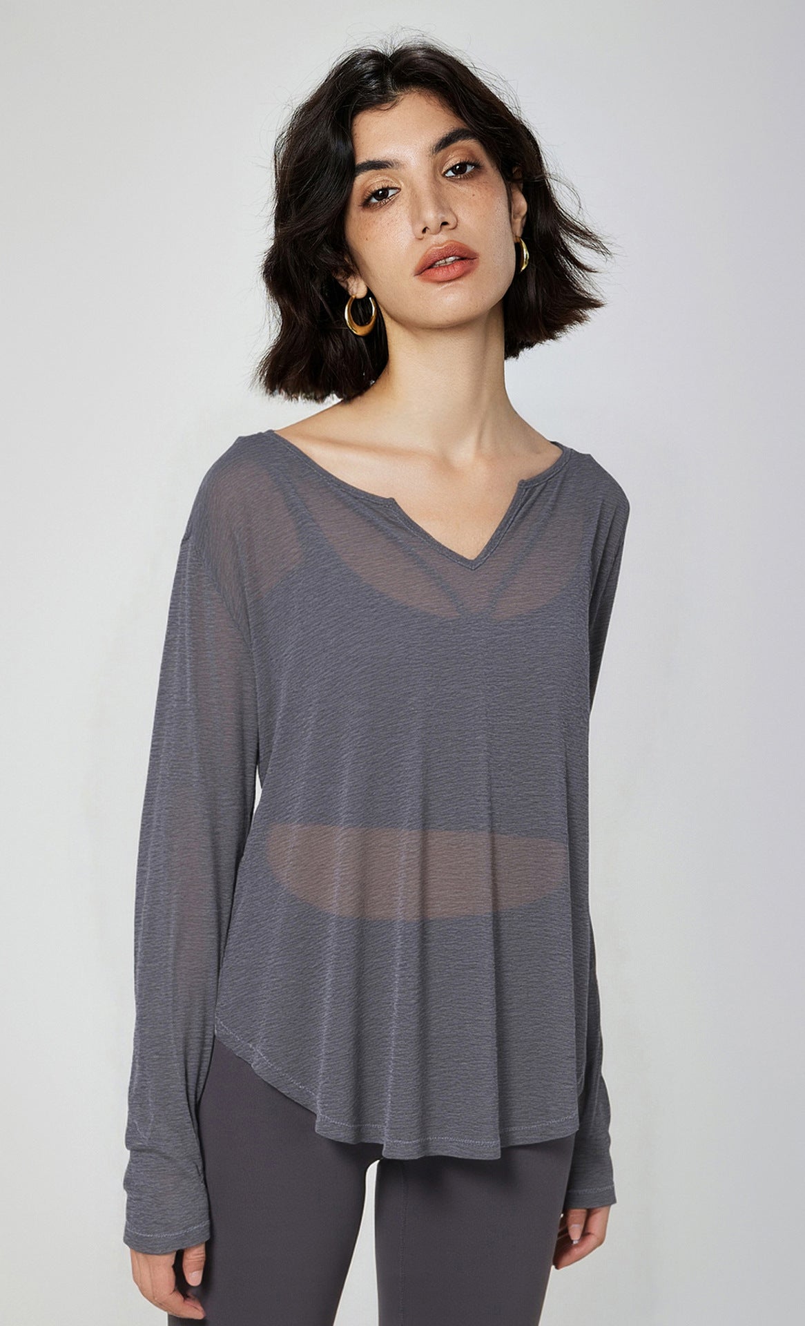 Slub yarn plant fiber yoga long-sleeved V-neck hazy loungewear sports long-sleeved loose yoga clothes top