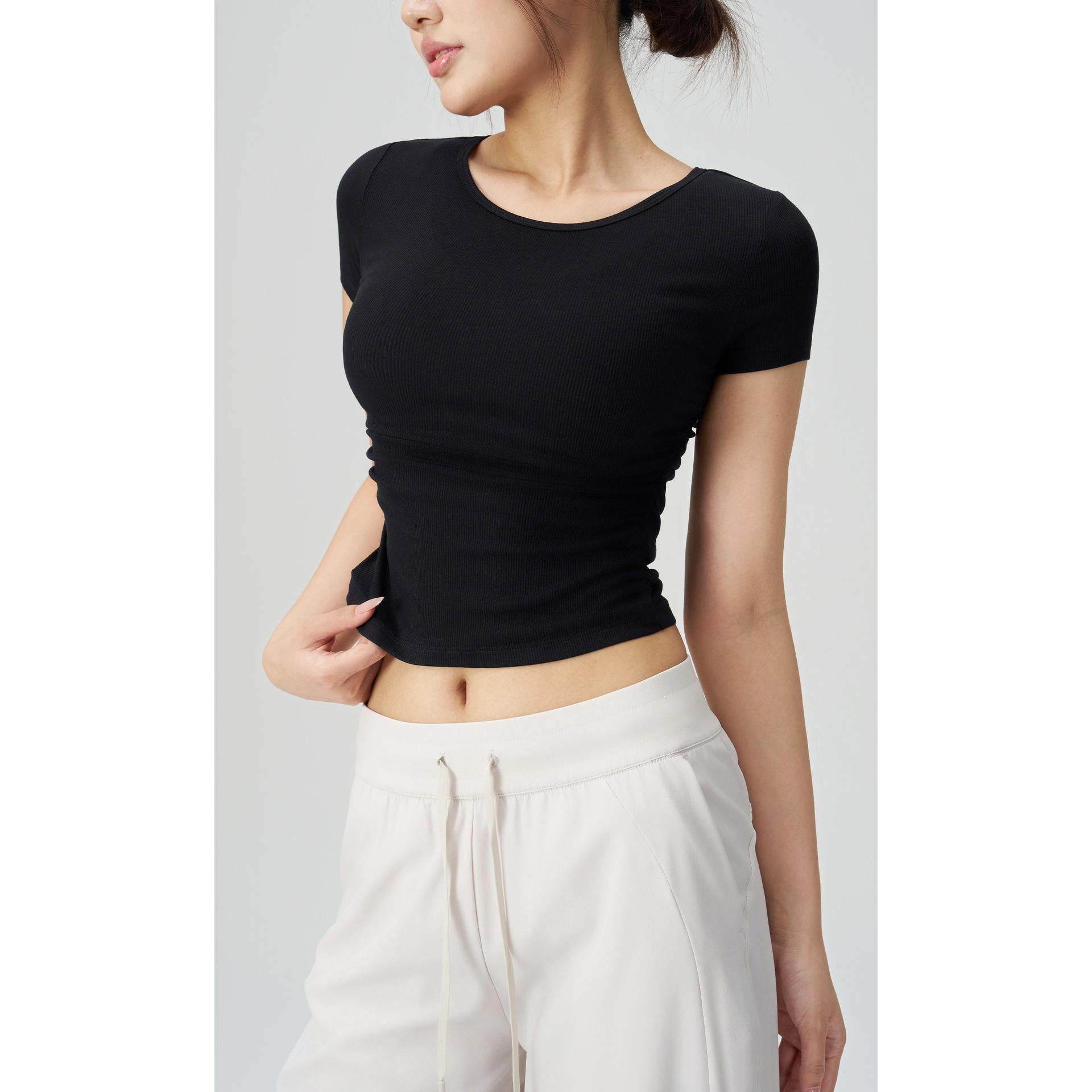 Ribbed Slim Fit Yoga Clothes Women Sports T-Shirt Short Sleeved Front Design Workout Top for Running Fitness Summer