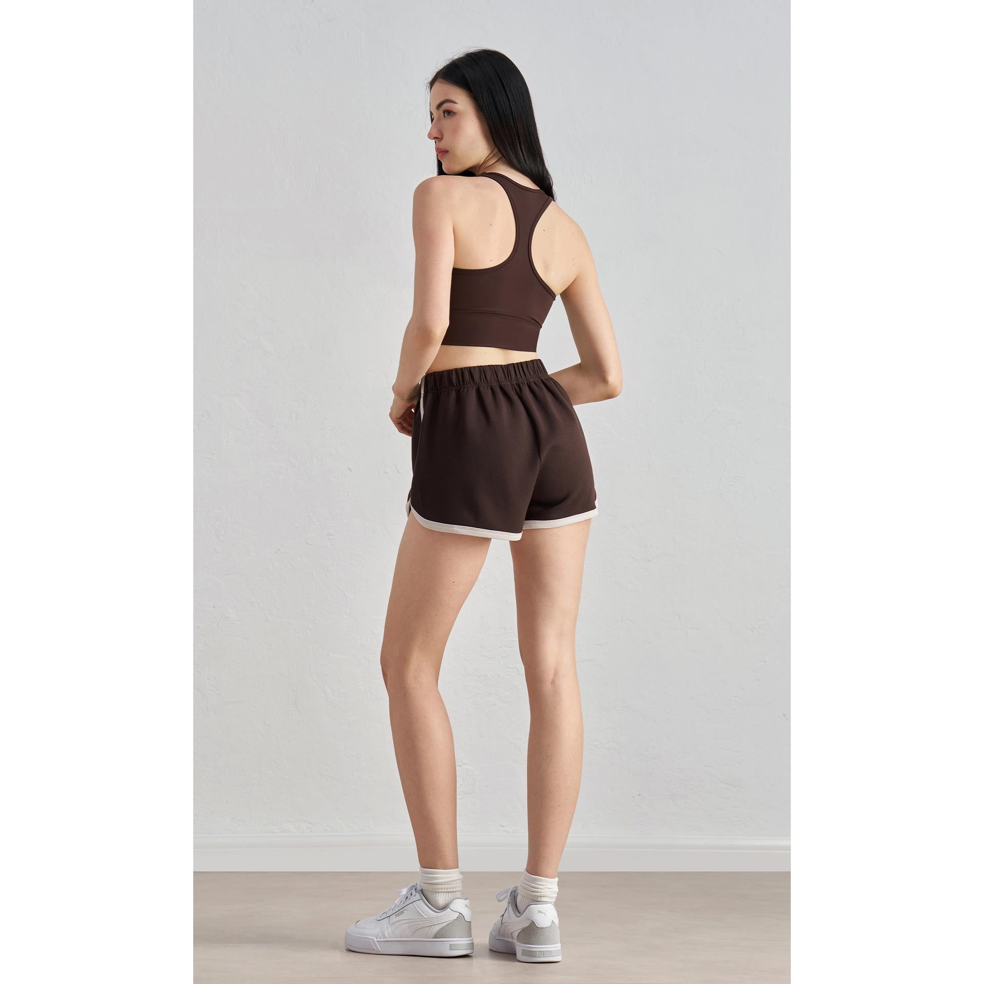 Spring and summer thin high-waisted retro color matching sports shorts women's elastic waist hem split-ended yoga three-point pants