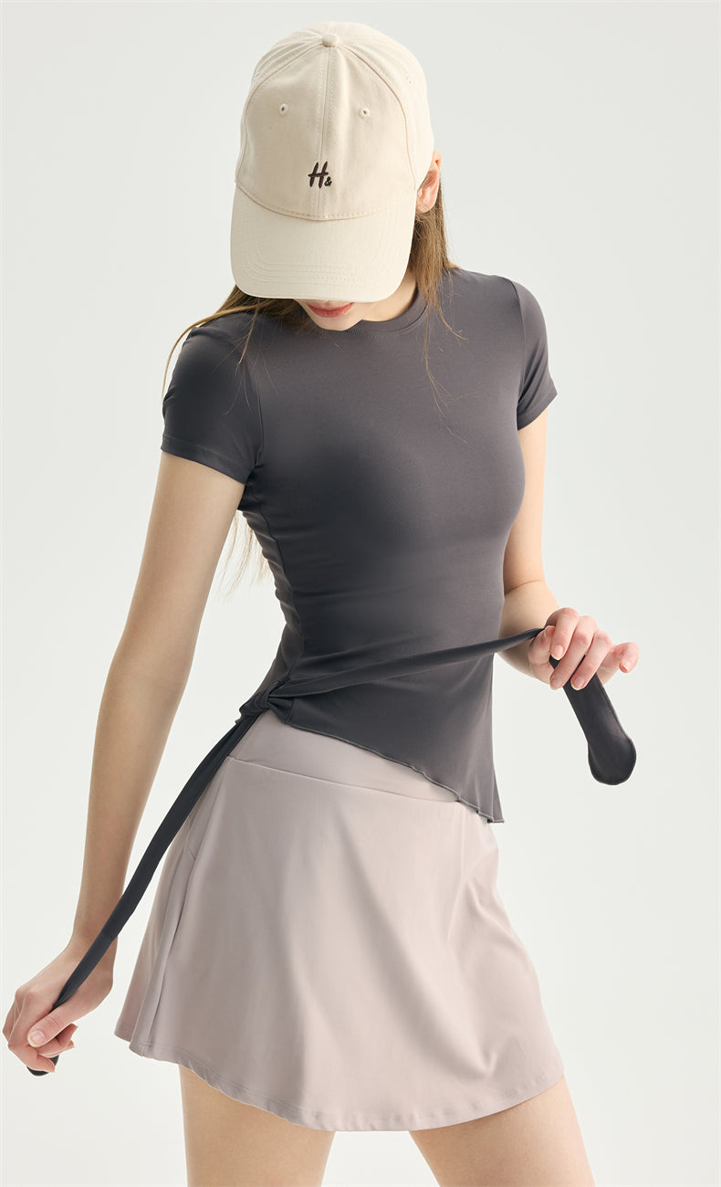 NULS Asymmetrical Side-Tie Yoga Tee waistband detail - Lepeins yoga top for yoga, Pilates and daily movement