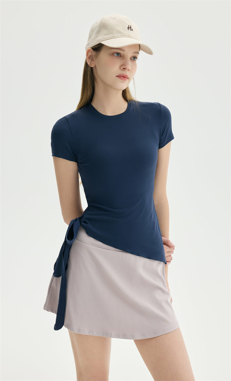 NULS Asymmetrical Side-Tie Yoga Tee color detail - women's yoga activewear by Lepeins