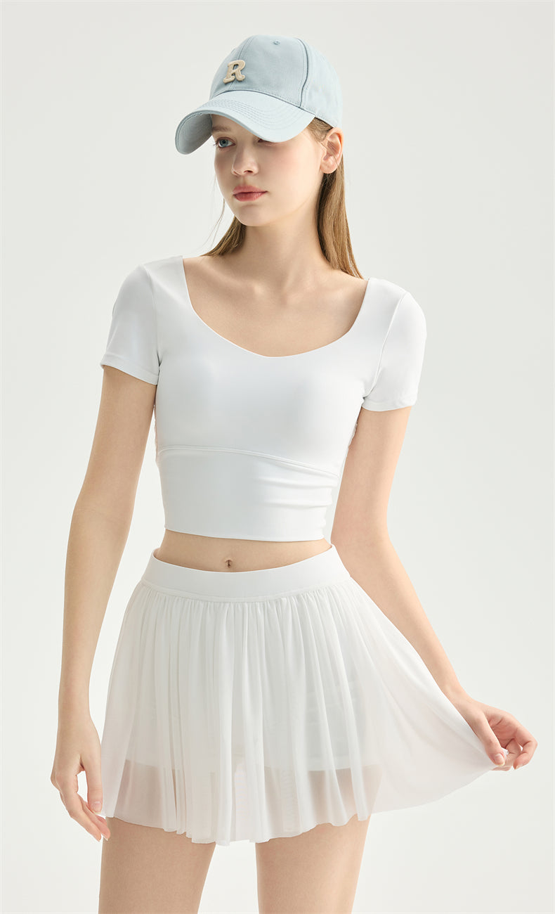 NULS Balletcore Mesh-Back Crop Top activewear outfit - women's yoga activewear by Lepeins