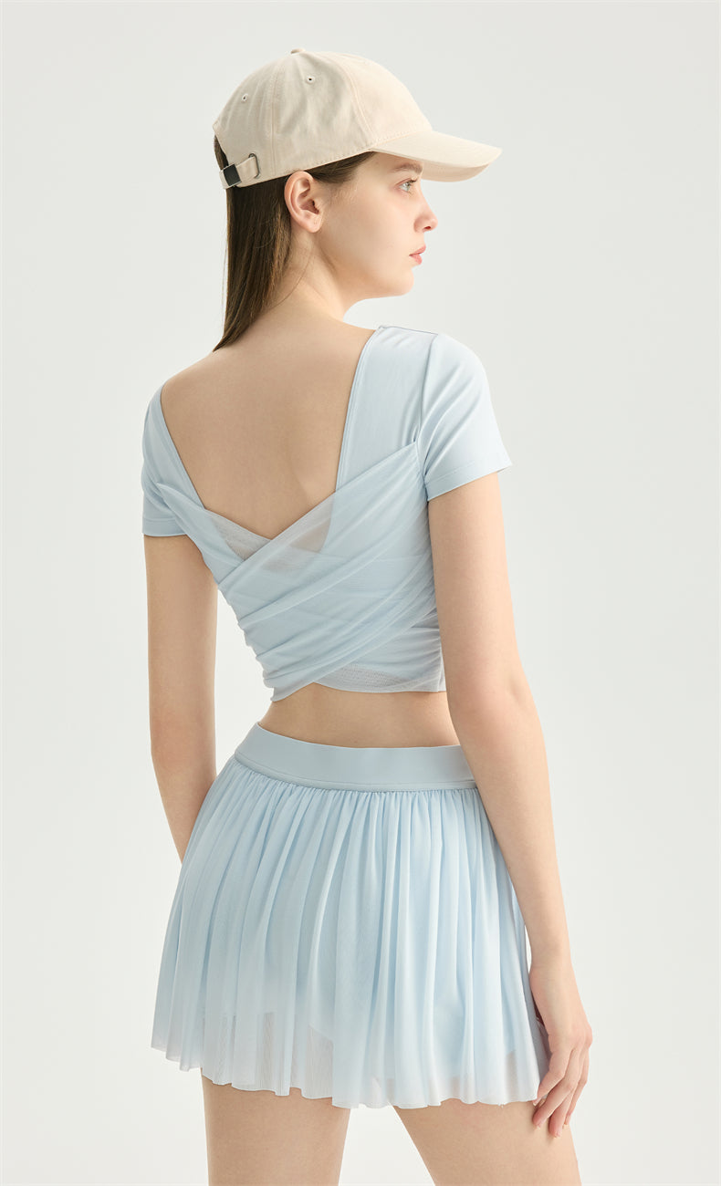 NULS Balletcore Mesh-Back Crop Top fit detail - women's yoga activewear by Lepeins