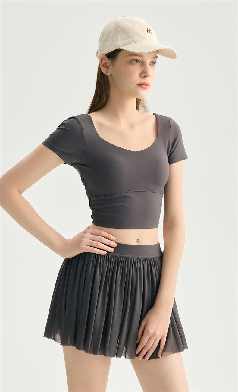 NULS Balletcore Mesh-Back Crop Top movement view - women's yoga activewear by Lepeins
