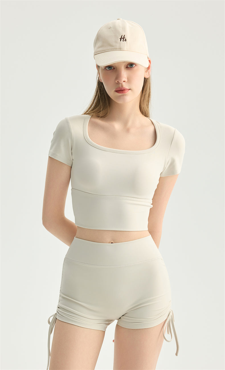 NULS Square Neck Built-In Bra Crop Top fit detail - women's yoga activewear by Lepeins