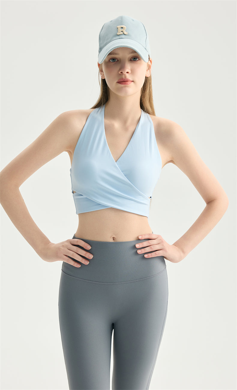 NULS Criss-Cross Wrap Sports Bra fit detail - women's yoga activewear by Lepeins