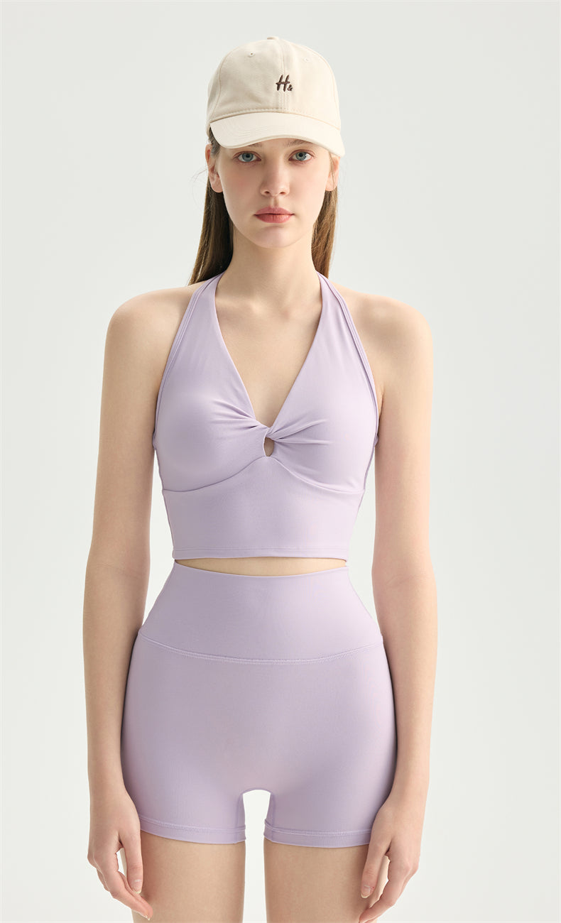 NULS Twist-Front Halter Sports Bra movement view - women's yoga activewear by Lepeins
