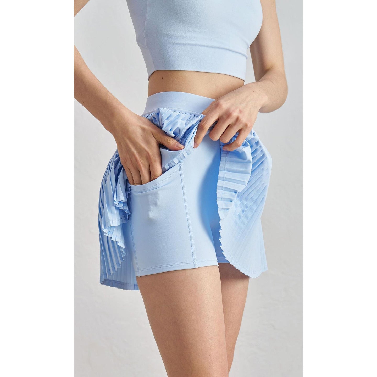 Summer elastic high waist slim yoga skirt lined with anti-light belt pocket tennis skirt casual outer pleated skirt