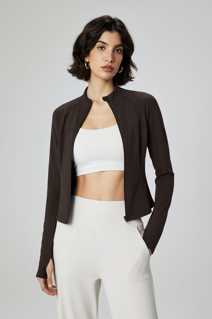 Autumn & Winter Thickened Velvet Yoga Jacket for Women - Stand-Up Collar Slim Fit back view - women's yoga activewear by Lepeins