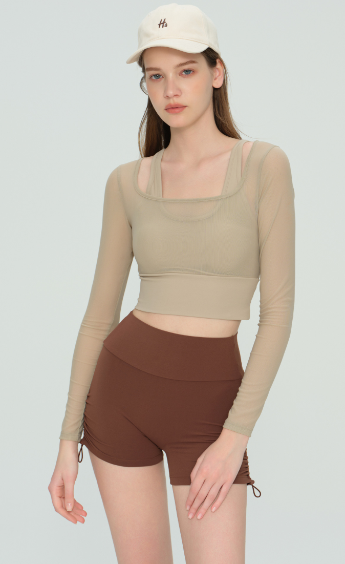 Mesh Long-Sleeve Padded Yoga Top movement view - women's yoga activewear by Lepeins
