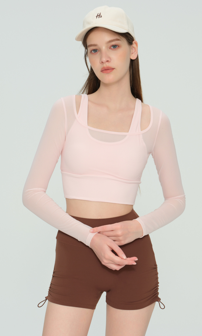 Mesh Long-Sleeve Padded Yoga Top waistband detail - Lepeins yoga top for yoga, Pilates and daily movement
