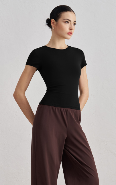 Soft-Fit Short Sleeve Yoga Tee movement view - women's yoga activewear by Lepeins