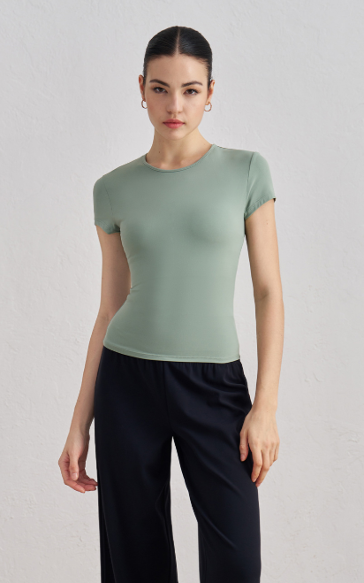 Soft-Fit Short Sleeve Yoga Tee lifestyle view - women's yoga activewear by Lepeins