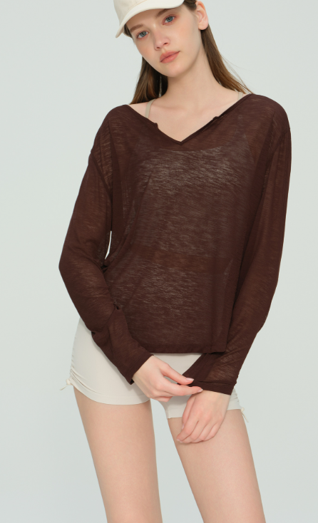 Slub Yarn Plant Fiber Yoga Top for Women - V-Neck Long Sleeve Loungewear