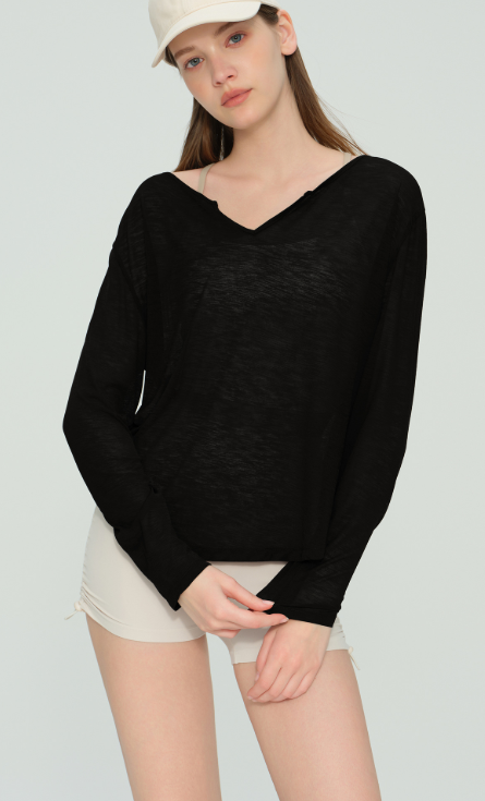 Slub Yarn Plant Fiber Yoga Top for Women - V-Neck Long Sleeve Loungewear