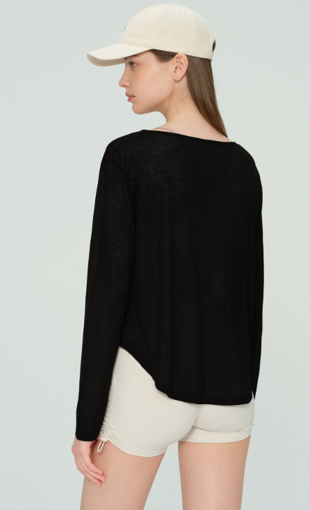 Slub Yarn Plant Fiber Yoga Top for Women - V-Neck Long Sleeve Loungewear