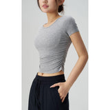 Ribbed Slim Fit Yoga Clothes Women Sports T-Shirt Short Sleeved Front Design Workout Top for Running Fitness Summer