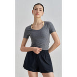 Naked yoga short-sleeved women's slim and thin sports T-shirt, high-end back waist hollow out wear front shoulder fitness top