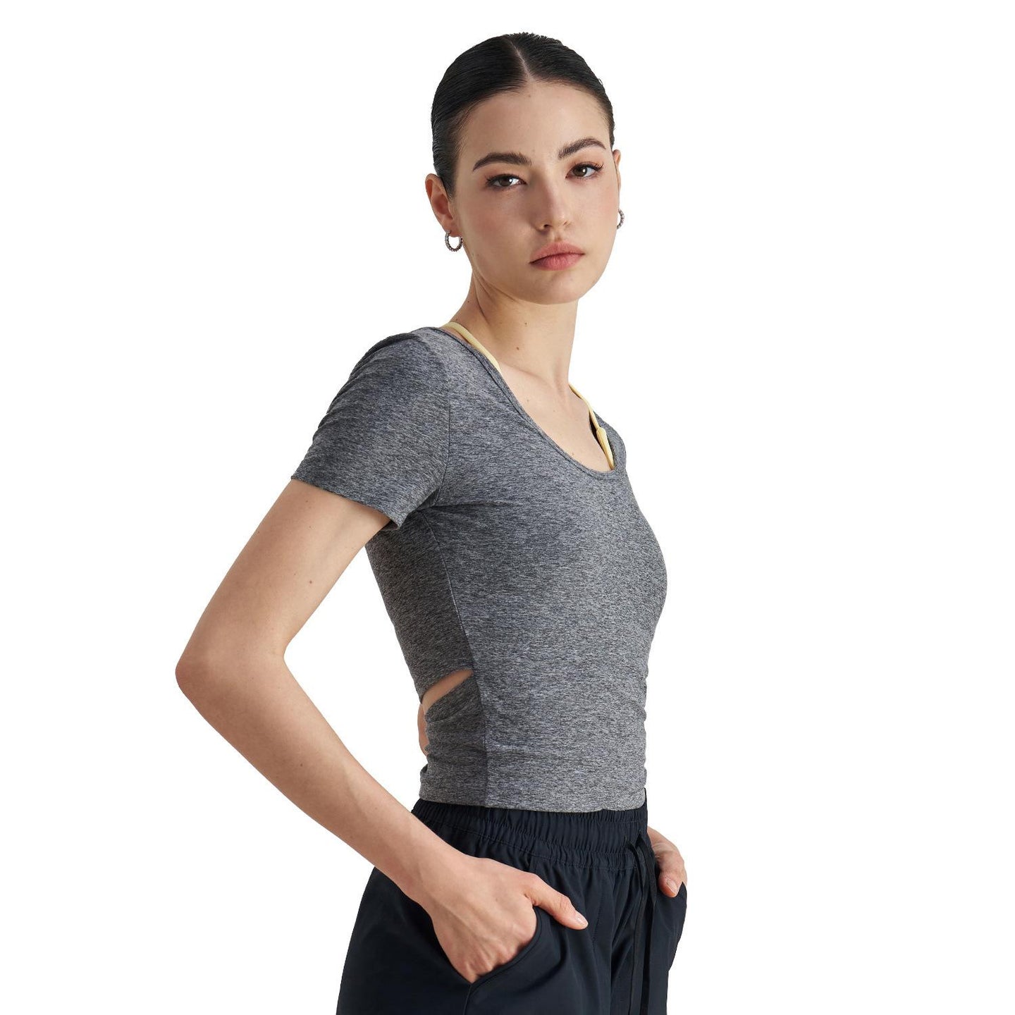 Naked yoga short-sleeved women's slim and thin sports T-shirt, high-end back waist hollow out wear front shoulder fitness top