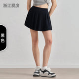 Summer elastic high waist slim yoga skirt lined with anti-light belt pocket tennis skirt casual outer pleated skirt