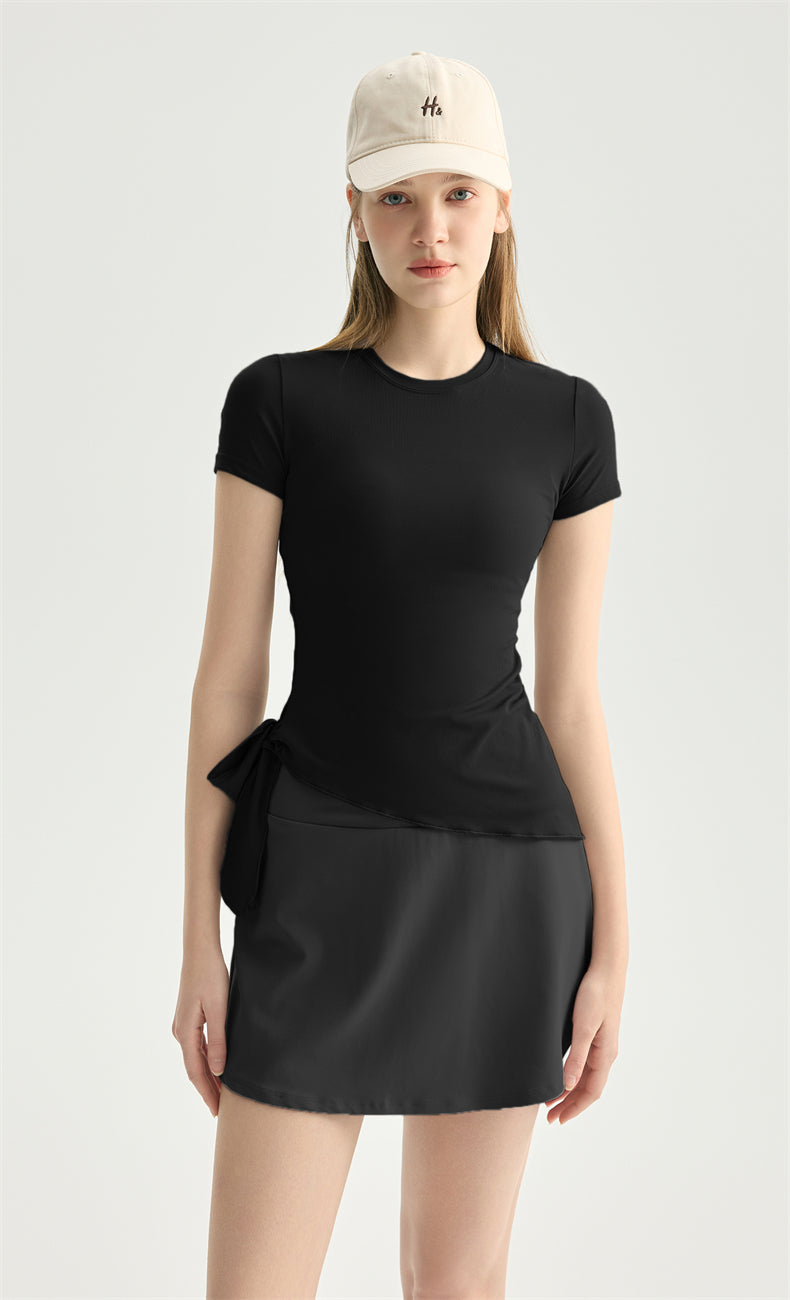 NULS Asymmetrical Side-Tie Yoga Tee fit detail - women's yoga activewear by Lepeins