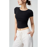 Ribbed Slim Fit Yoga Clothes Women Sports T-Shirt Short Sleeved Front Design Workout Top for Running Fitness Summer