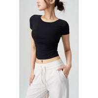 Ribbed Slim Fit Yoga Clothes Women Sports T-Shirt Short Sleeved Front Design Workout Top for Running Fitness Summer