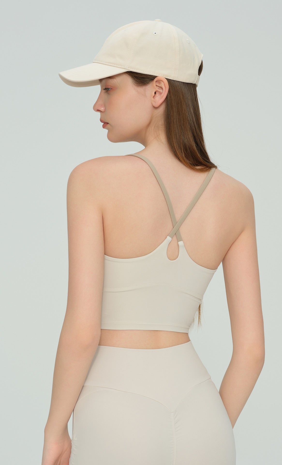 Colorblock Cross-Back Yoga Bra - Light ivory + yellow leaves - back view - Lepeins