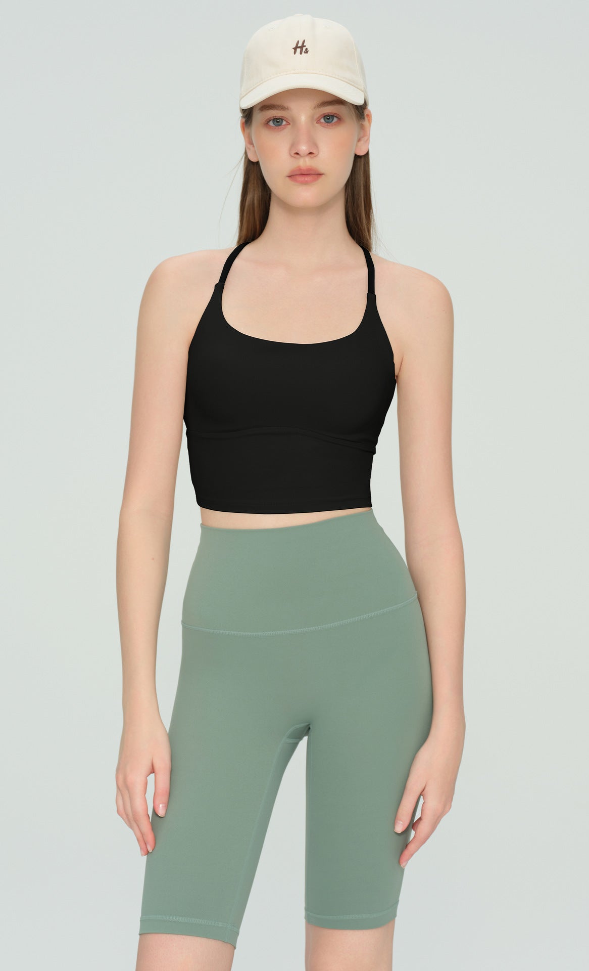 Colorblock Cross-Back Yoga Bra - Tender green + tide blue - product view 10 - Lepeins