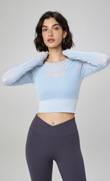 Yoga with chest pads, long sleeves, mesh stitching, fake two-piece yoga clothes, tops, fixed cups, fitness clothes, sports clothes, women's inside