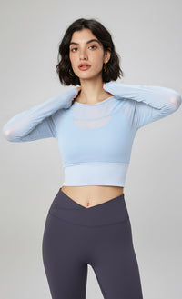 Yoga with chest pads, long sleeves, mesh stitching, fake two-piece yoga clothes, tops, fixed cups, fitness clothes, sports clothes, women's inside