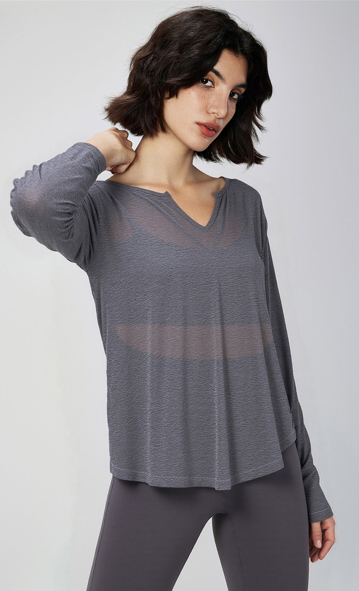 Slub V-Neck Long-Sleeve Yoga Top front view - women's yoga activewear by Lepeins