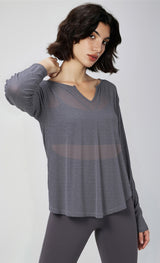 Slub yarn plant fiber yoga long-sleeved V-neck hazy loungewear sports long-sleeved loose yoga clothes top