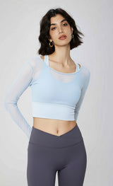 Yoga with chest pads, long sleeves, mesh stitching, fake two-piece yoga clothes, tops, fixed cups, fitness clothes, sports clothes, women's inside