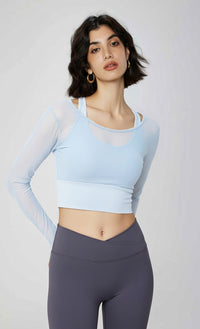 Yoga with chest pads, long sleeves, mesh stitching, fake two-piece yoga clothes, tops, fixed cups, fitness clothes, sports clothes, women's inside