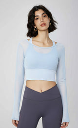 Yoga with chest pads, long sleeves, mesh stitching, fake two-piece yoga clothes, tops, fixed cups, fitness clothes, sports clothes, women's inside
