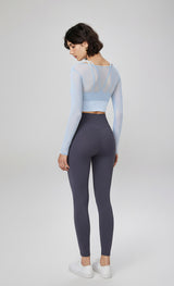 Yoga with chest pads, long sleeves, mesh stitching, fake two-piece yoga clothes, tops, fixed cups, fitness clothes, sports clothes, women's inside