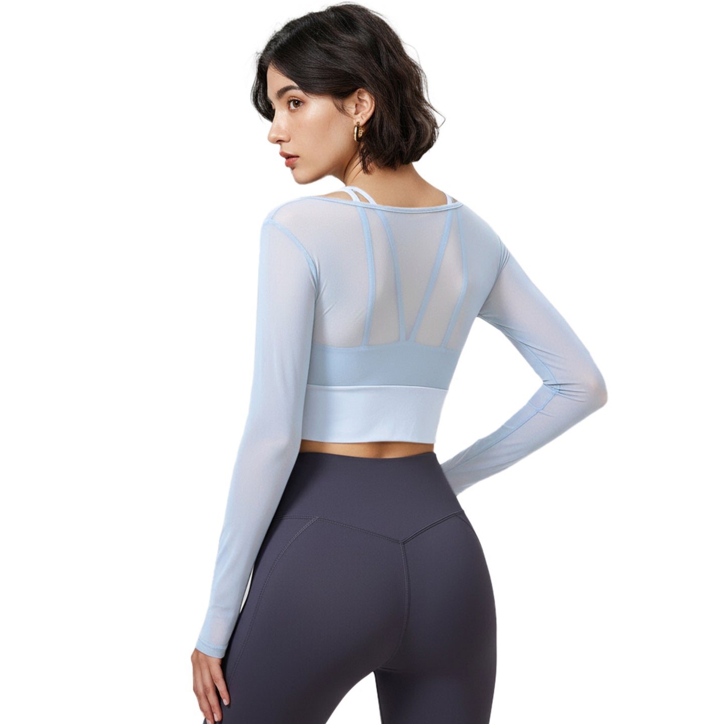 Yoga with chest pads, long sleeves, mesh stitching, fake two-piece yoga clothes, tops, fixed cups, fitness clothes, sports clothes, women's inside