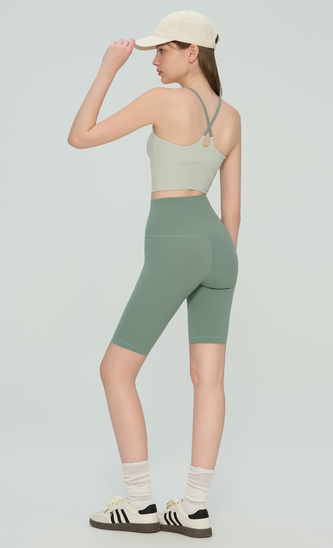 Colorblock Cross-Back Yoga Bra - Tender green + tide blue - product view 6 - Lepeins