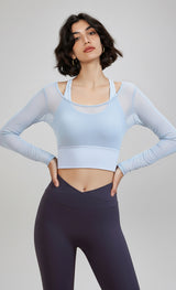 Yoga with chest pads, long sleeves, mesh stitching, fake two-piece yoga clothes, tops, fixed cups, fitness clothes, sports clothes, women's inside