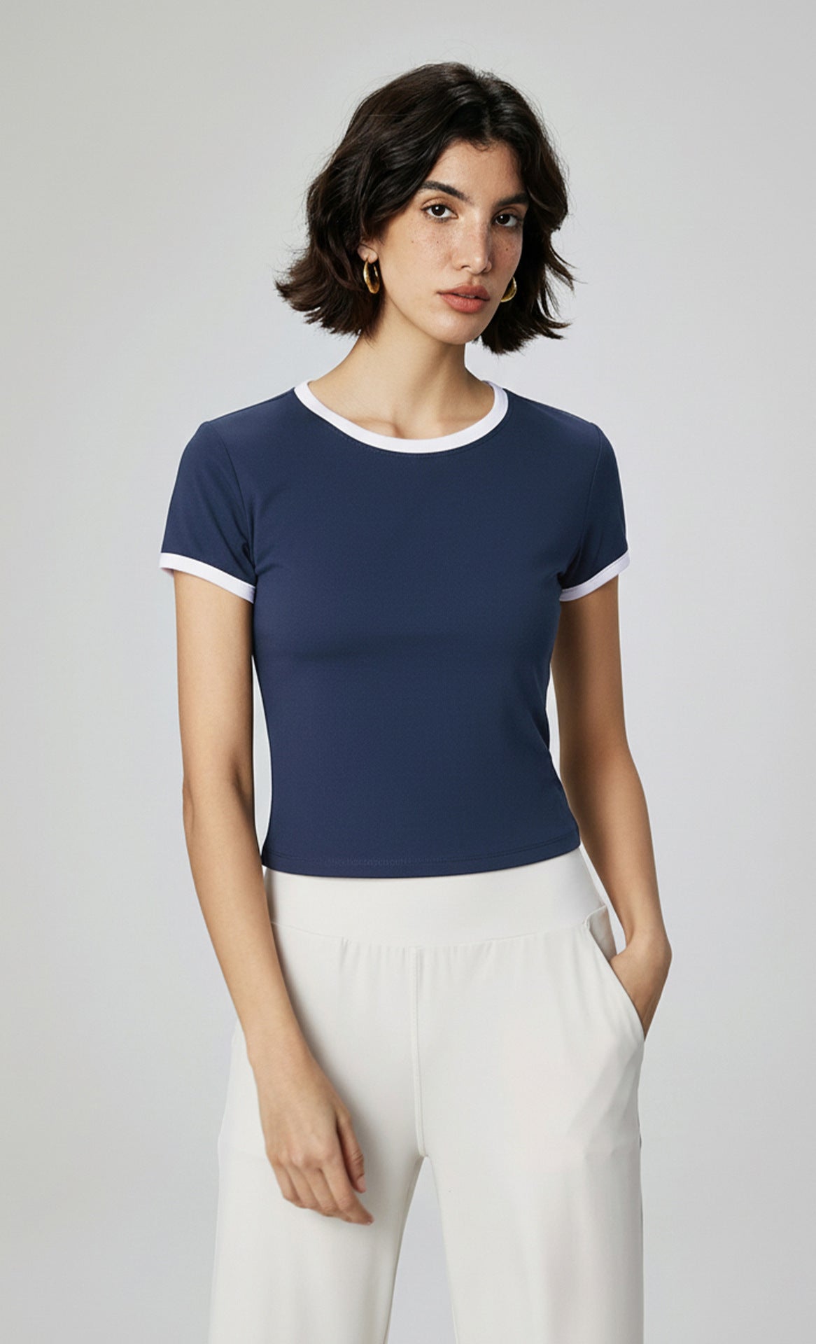 Contrasting color yoga short-sleeved minimalist Tibetan meat slim V-neck sports T-shirt women's slim versatile front shoulder fitness top new