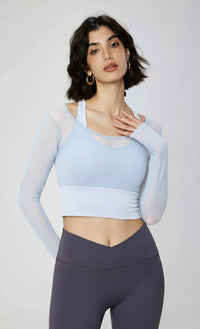 Yoga with chest pads, long sleeves, mesh stitching, fake two-piece yoga clothes, tops, fixed cups, fitness clothes, sports clothes, women's inside