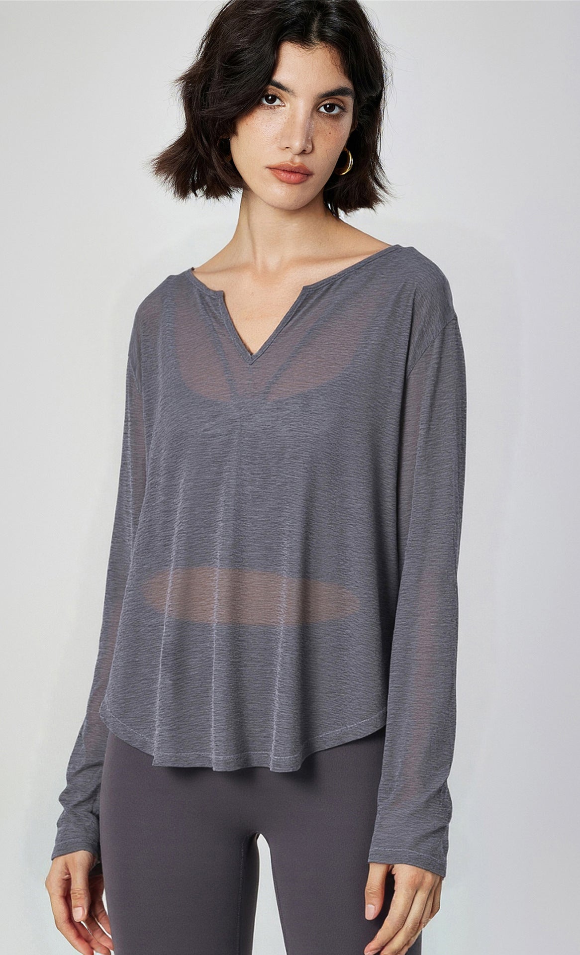 Slub yarn plant fiber yoga long-sleeved V-neck hazy loungewear sports long-sleeved loose yoga clothes top