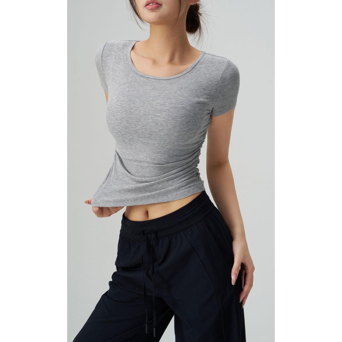 Ribbed Slim Fit Yoga Clothes Women Sports T-Shirt Short Sleeved Front Design Workout Top for Running Fitness Summer