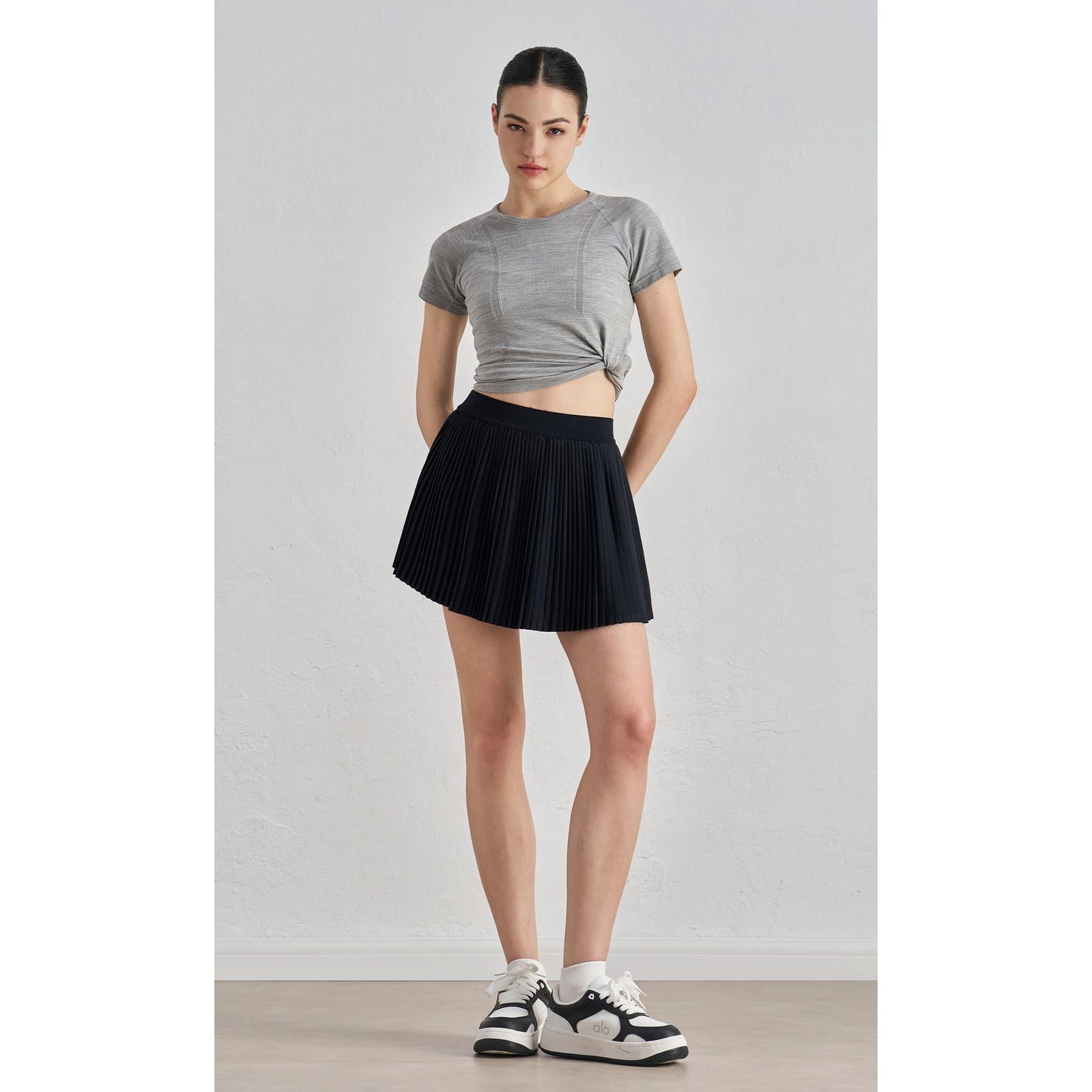 High-Waist Pleated Tennis Skort fit detail - women's yoga activewear by Lepeins