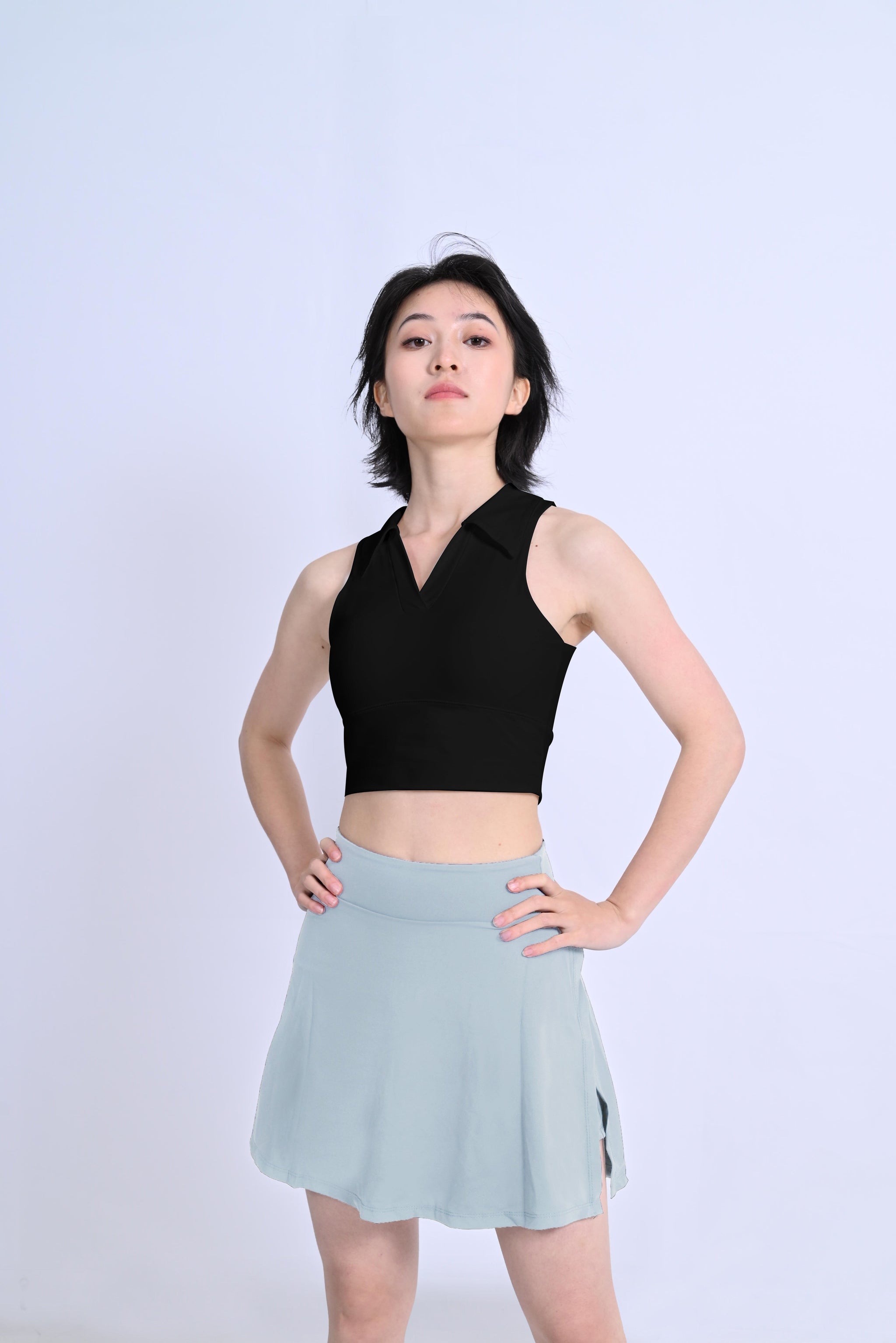 Performance Tennis Set – Quick-Dry Sleeveless Polo Shirt & Skirt with Built-In Support 服装 Lepeins L Black+Light Blue 